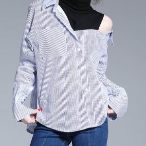 Blue Cotton Long Sleeve Stripes Blouse