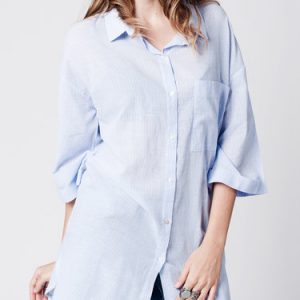 Blue Cotton Stripes Shirt Collar 3/4 Sleeve Tunic