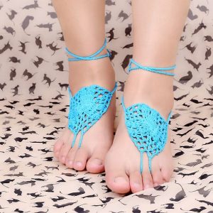 Blue Cotton Thread Crochet Foot Chain Bracelet Anklet Netlike Pattern Beach Barefoot Sandal