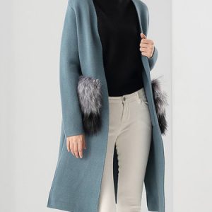 Blue Cotton-blend Long Sleeve Plain Knitted Fur And Shearling Coat