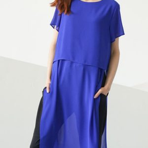 Blue Crew Neck Chiffon Simple Tunic