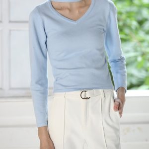 Blue Crew Neck H-line Plain Casual Long Sleeved Top