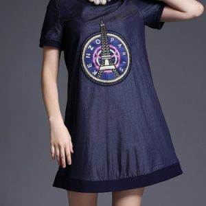 Blue Crew Neck Simple Embroidered Denim Mini Dress