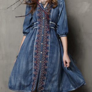 Blue Drawcord Embroidered Denim Resort Midi Dress