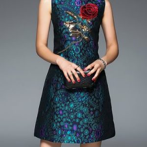 Blue Elegant Floral Sequins Embossed Mini Dress