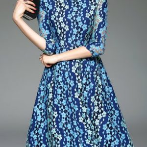 Blue Elegant Pierced Floral Midi Dress