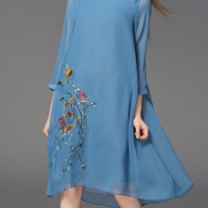 Blue Elegant Silk Crew Neck Embroidery Midi Dress