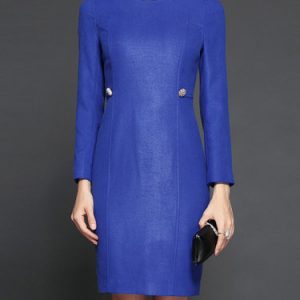 Blue Elegant Solid Wool Blend Symmetric Midi Dress