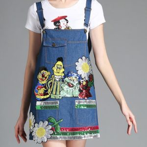 Blue Embroidered A-line Casual Overall Mini Dress