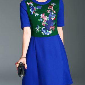 Blue Embroidered Floral Crew Neck Half Sleeve Mini Dress