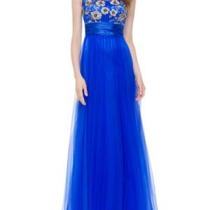 Blue Embroidered Floral Sleeveless Evening Dress