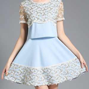 Blue Embroidered Short Sleeve Mini Dress