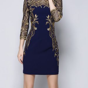 Blue Floral Casual Polyester Embroidered Mini Dress