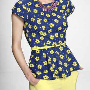 Blue Floral Chiffon Ruffled Work Short Sleeved Top