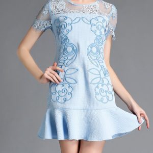 Blue Floral Embroidered Short Sleeve Flounce Mini Dress