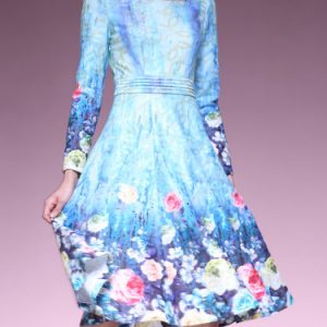 Blue Floral Print A-line Long Sleeve Square Neck Midi Dress