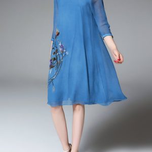 Blue Floral Silk 3/4 Sleeve Midi Dress