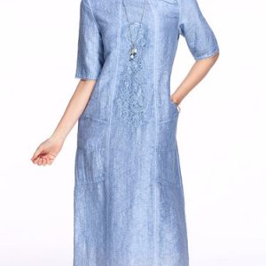 Blue Floral-embroidered Vintage Silk Midi Dress