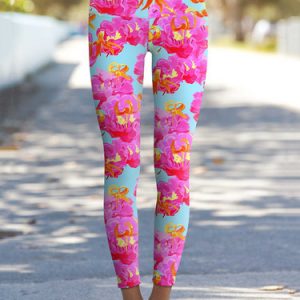 Blue Floral-print Casual Polyester Leggings