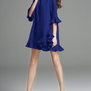 Blue Flounce Crew Neck Cotton-blend Frill Sleeve Mini Dress