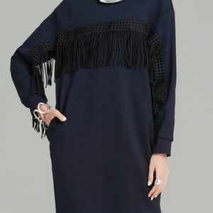 Blue Fringed Long Sleeve Plain Mini Dress