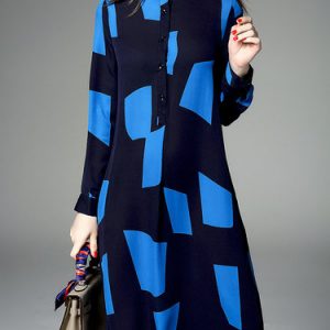 Blue Geometric Color-block Long Sleeve Midi Dress