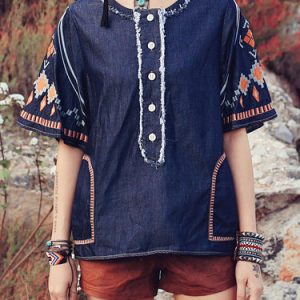 Blue Geometric Embroidered Casual Short Sleeved Top