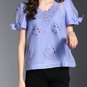 Blue Girly Guipure Lace Floral H-line Short Sleeved Top With Camis