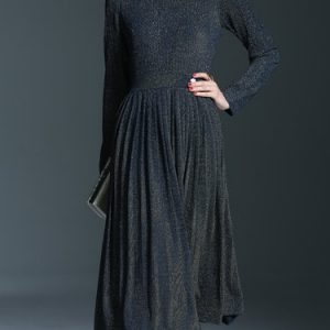 Blue Glitter-finished Long Sleeve Midi Dress