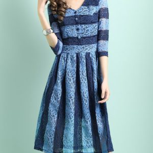 Blue Guipure Lace Color Block Folds V Neck Girly Mini Dress