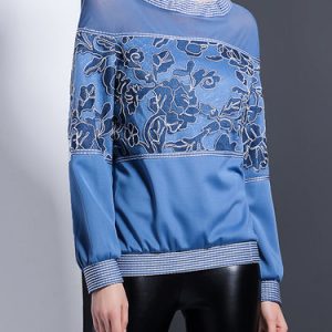 Blue Guipure Lace Floral Long Sleeved Top