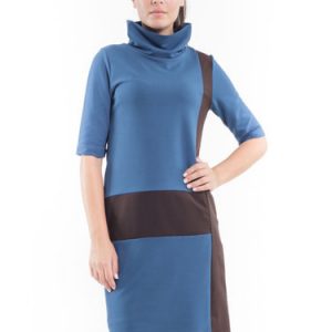 Blue H-line Paneled Half Sleeve Turtleneck Midi Dress