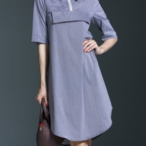 Blue Half Sleeve A-line Cotton-blend Midi Dress