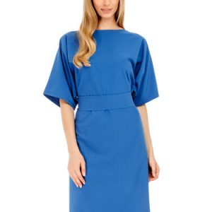 Blue Half Sleeve Crew Neck Solid Simple Midi Dress with Belt