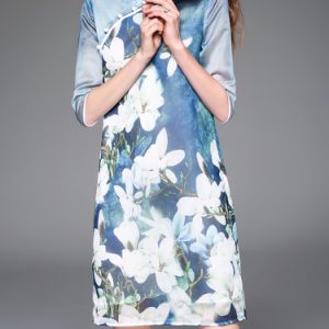 Blue Half Sleeve Floral Stand Collar Midi Dress