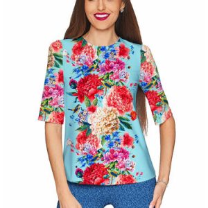 Blue Half Sleeve Floral-print Plus Size T-Shirt