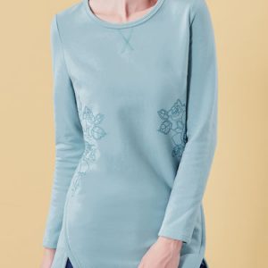 Blue High Low Printed Knitted Long Sleeved Top