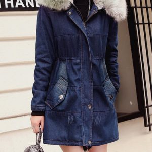 Blue Hoodie A-line Casual Denim Parka