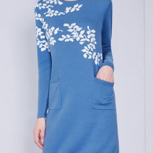 Blue Jacquard Long Sleeve Cotton Sweater Dress