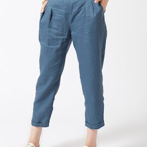 Blue Linen Plain Casual Pockets Cropped Pants