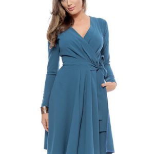 Blue Long Sleeve Bow-tied Wrap Dress