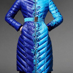 Blue Long Sleeve Color-block Hoodie Down Coat with Belt