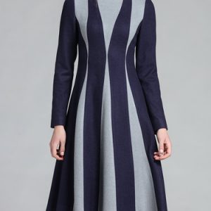 Blue Long Sleeve Crew Neck Color Block A-line Midi Dress