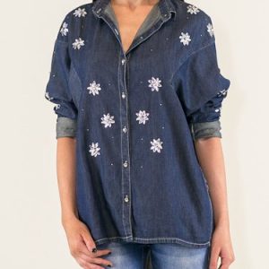 Blue Long Sleeve Embellished Denim Shirt Collar Tunic