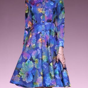 Blue Long Sleeve Floral Print Stand Collar Shirt Dress