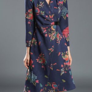 Blue Long Sleeve Floral Printed A-line Asymmetric Midi Dress