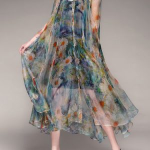 Blue Long Sleeve Floral-print Silk Asymmetrical Crew Neck Maxi Dress