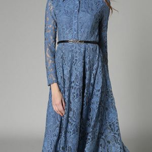 Blue Long Sleeve Shirt Collar Lace A-line Shirt Dress