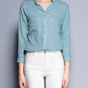 Blue Long Sleeve Stand Collar Casual Pockets Blouse