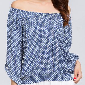 Blue Off-shoulder Petite 3/4 Sleeve Blouse